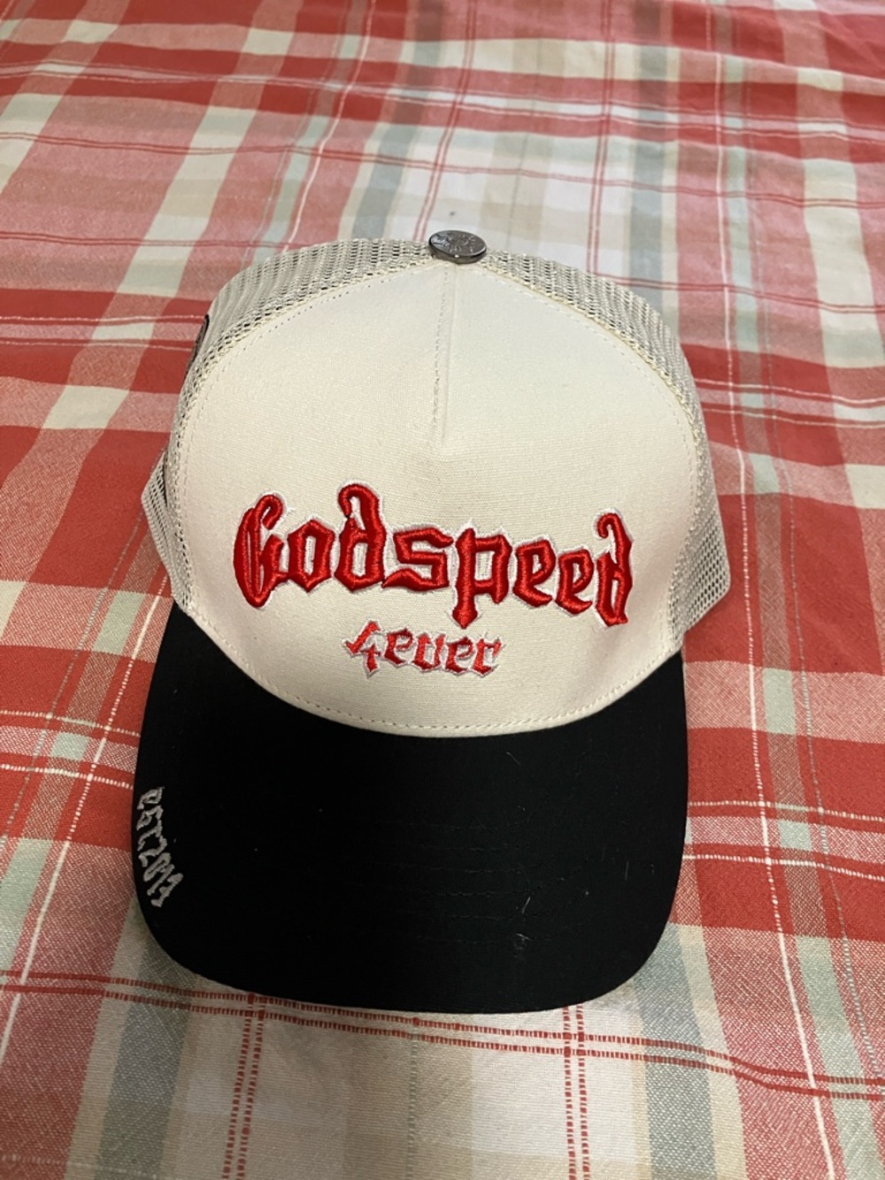 White & Black Trucker Hat with Red "Godspeed" Embroidery
